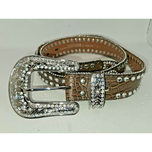 Blazin Roxx Scallop Croc Concho brown Belt Silver Rhinestone Bling Rodeo Size M - Picture 1 of 8